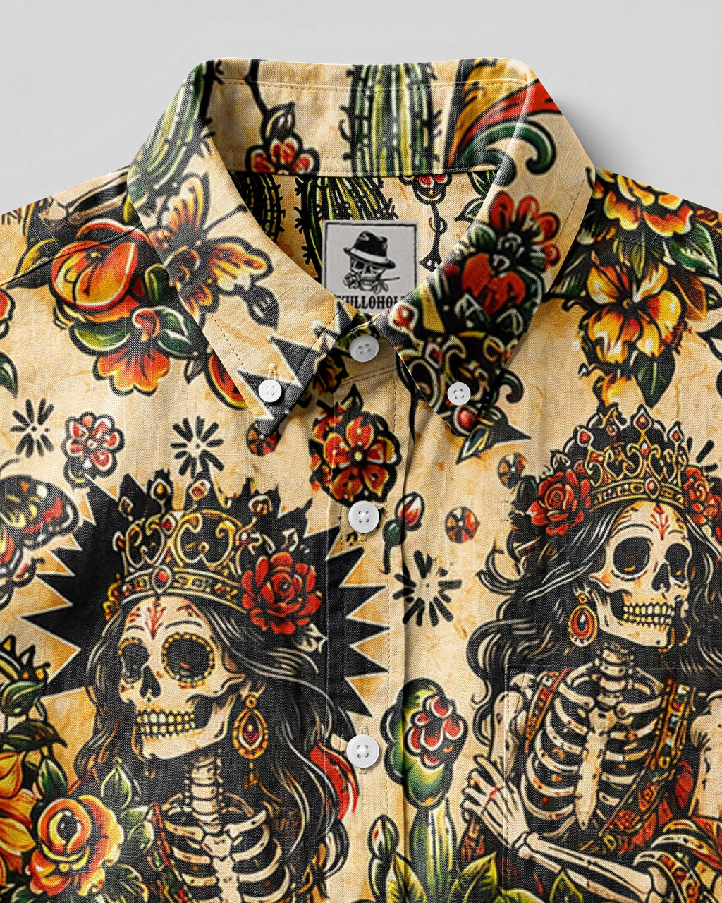 SKELETON SKULL QUEEN VINTAGE BUTTON-DOWN COLLAR SHIRT - TLHN3006263