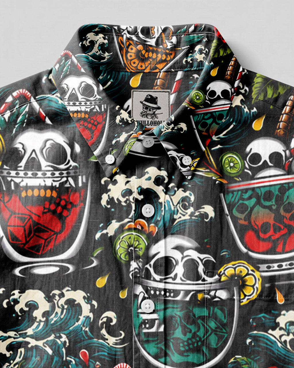 COCKTAIL SKULLS PATTERN BUTTON-DOWN COLLAR SHIRT - TLHN0107262