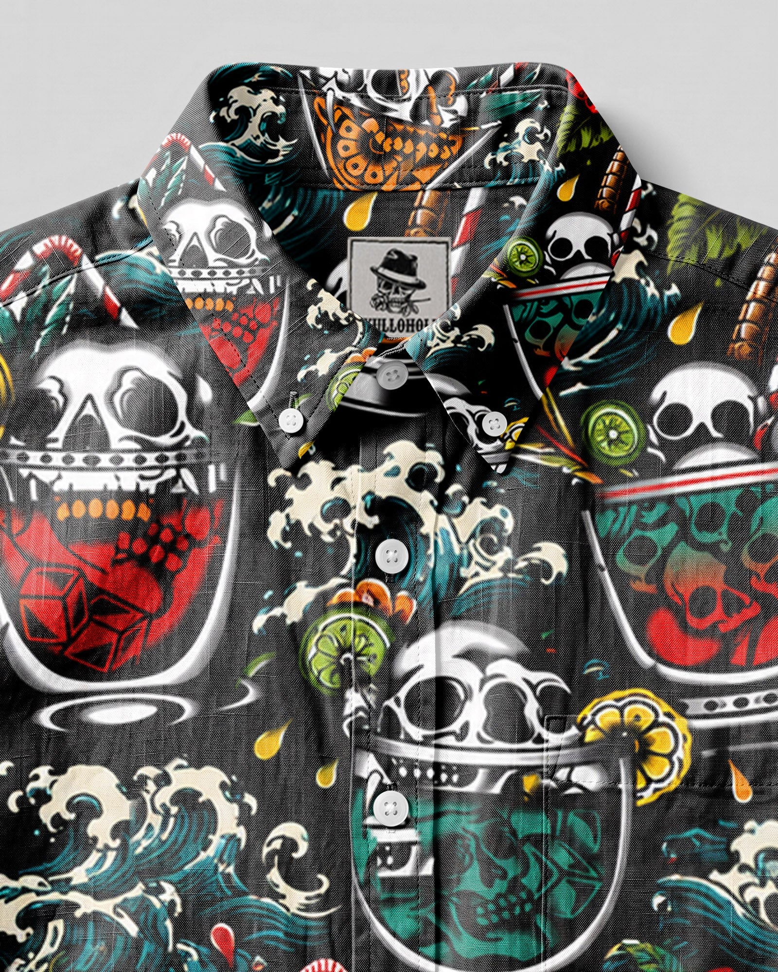 COCKTAIL SKULLS PATTERN BUTTON-DOWN COLLAR SHIRT - TLHN0107262