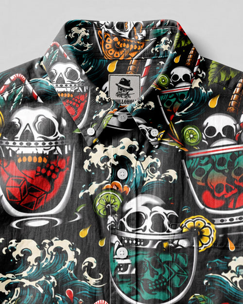 COCKTAIL SKULLS PATTERN BUTTON-DOWN COLLAR SHIRT - TLHN0107262