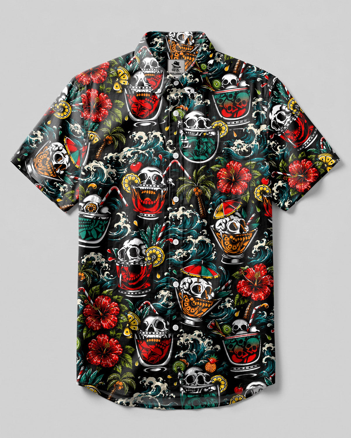 COCKTAIL SKULLS PATTERN BUTTON-DOWN COLLAR SHIRT - TLHN0107262