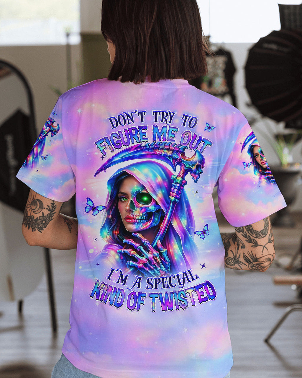 DON'T TRY TO FIGURE ME OUT SKULL LADY ALL OVER PRINT - TLHN0603262