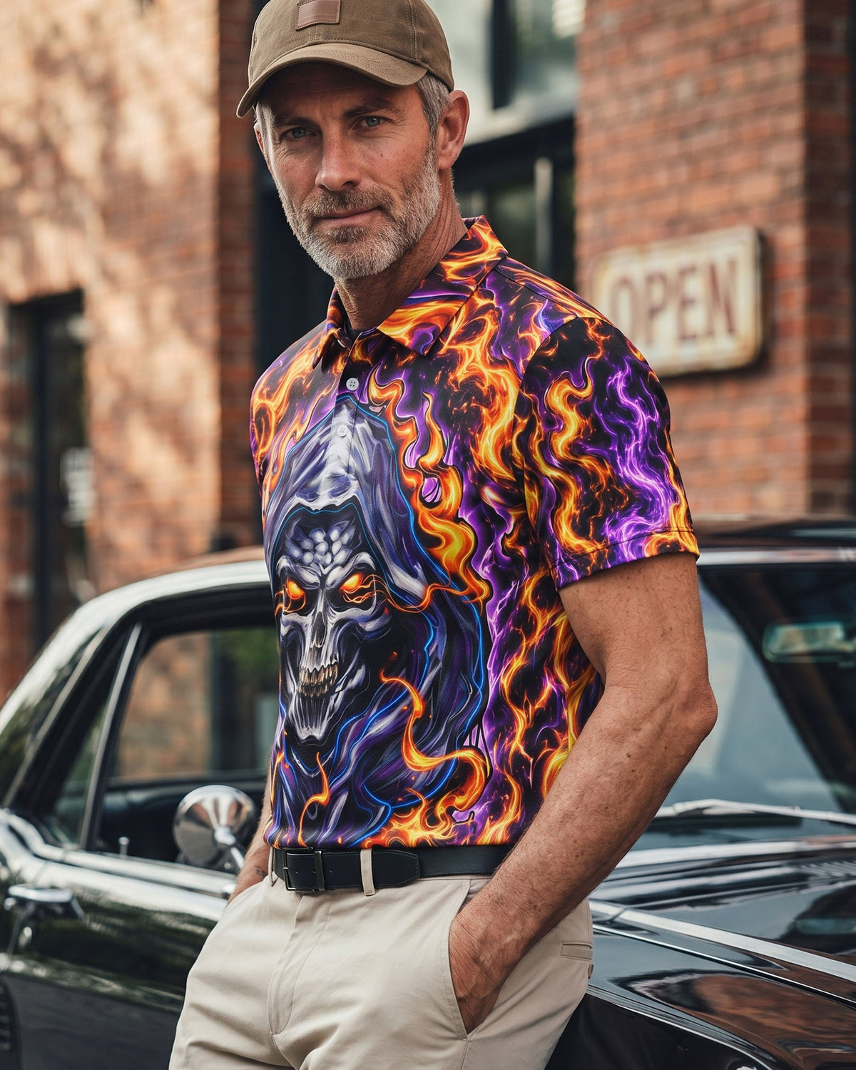 FIERY FLAME REAPER SKULL POLO SHIRT  - TLTW0806261