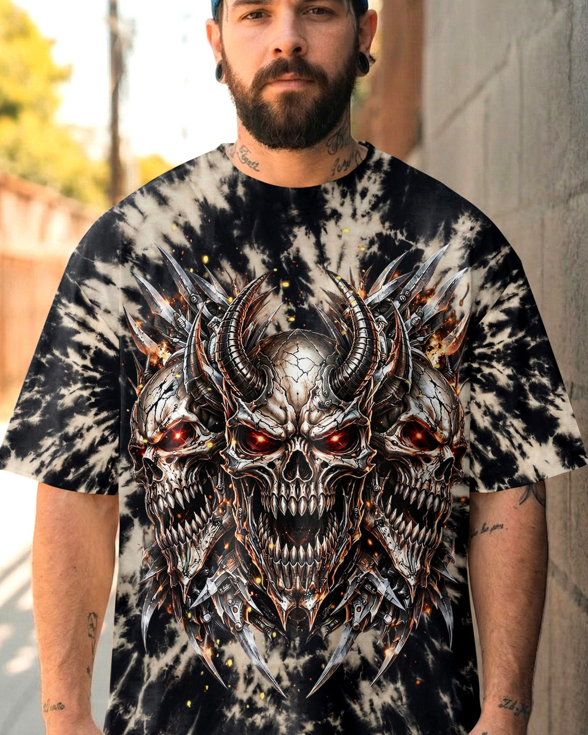 THREE  DEMON SKULLS SWIRL ALL OVER PRINT  - TLHN0104263