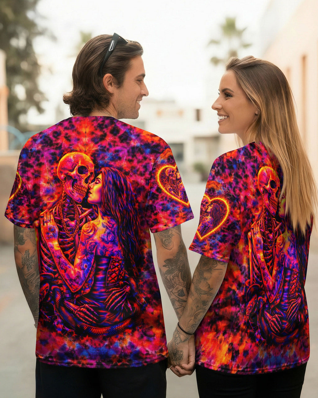SKELETON COUPLE NEON ORANGE SWIRL ALL OVER PRINT - TLTW1001261