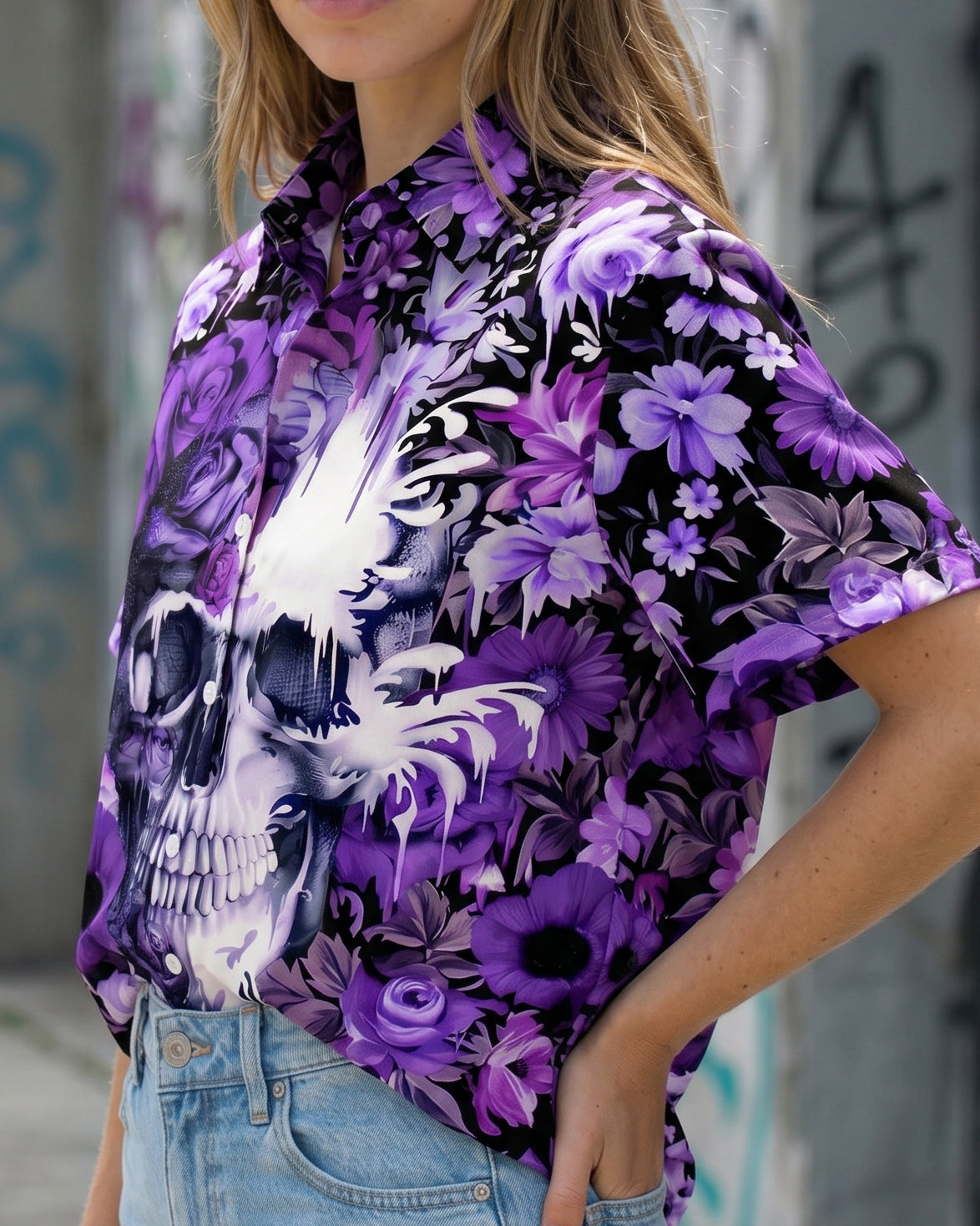 PURPLE BLOSSOM SKULL COLLAR SHIRT - TYPQ0806262