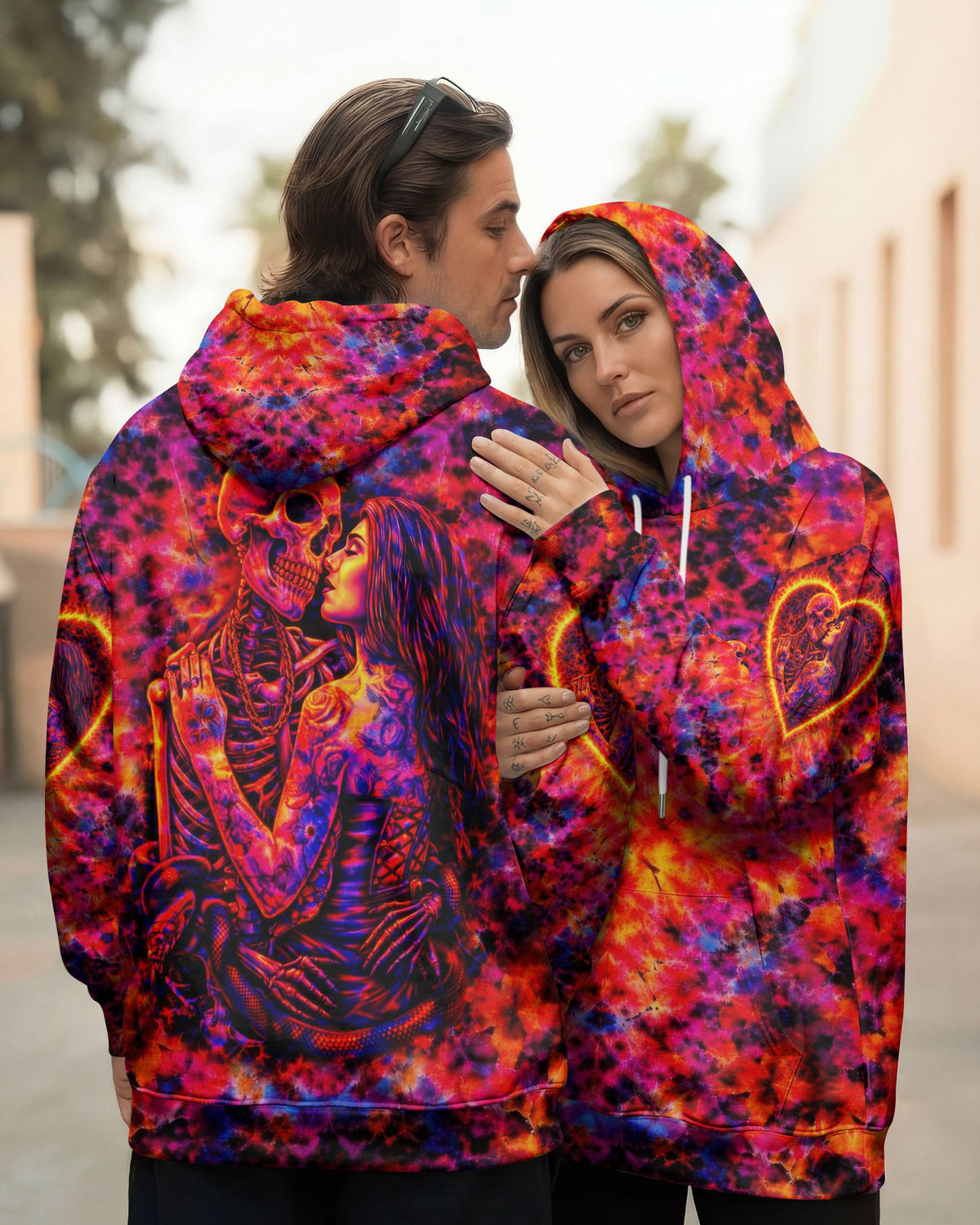 SKELETON COUPLE NEON ORANGE SWIRL ALL OVER PRINT - TLTW1001261