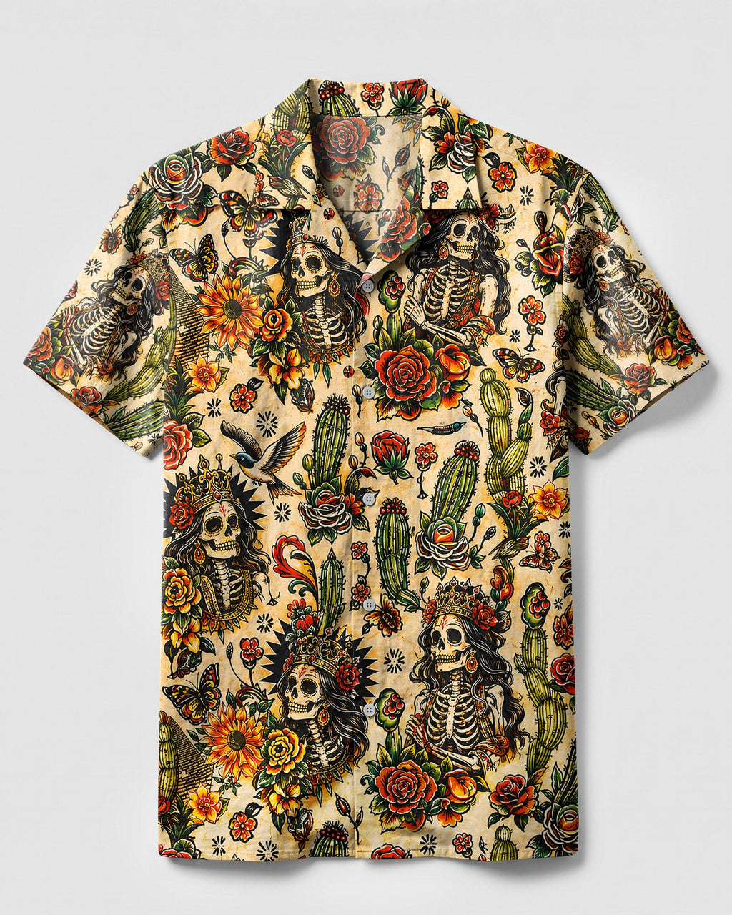 SKELETON SKULL QUEEN VINTAGE CAMP SHIRT - TLHN3006264