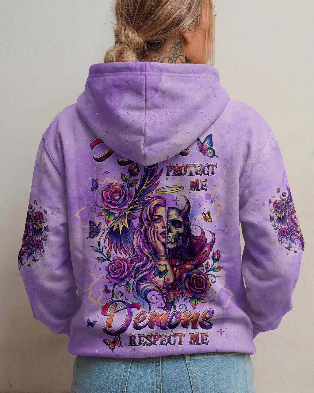ANGELS PROTECT ME DEMONS RESPECT ME SKULL LADY ALL OVER PRINT - TLHG1704261