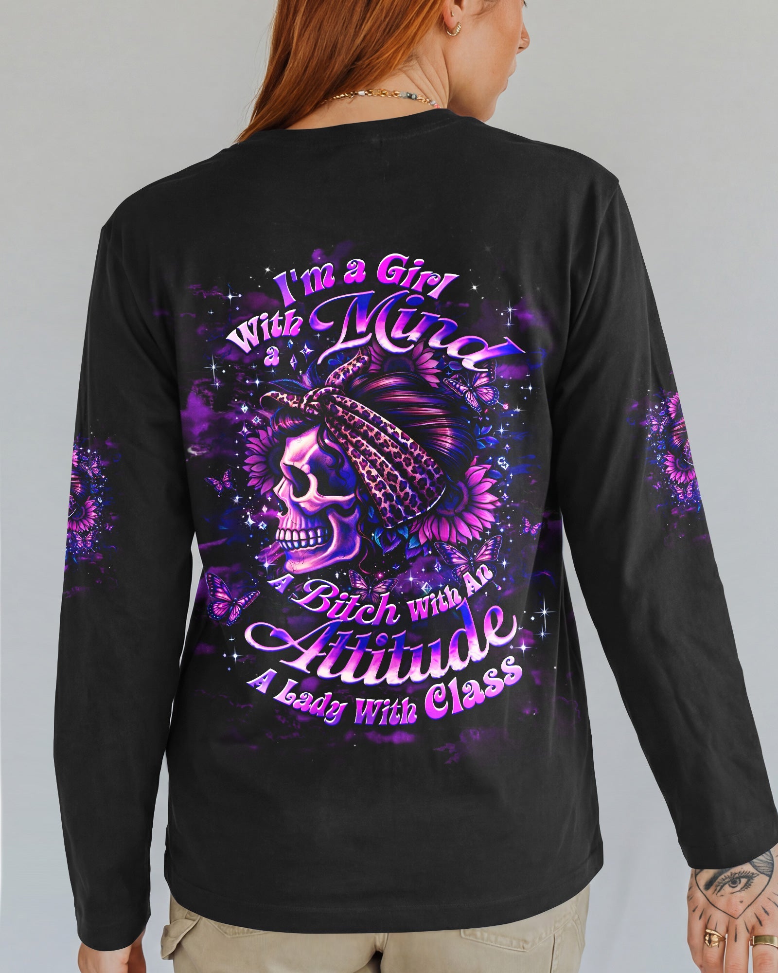 I'M A GIRL WITH A MIND SKULL MESSY BUN ALL OVER PRINT  - TLHG0904262