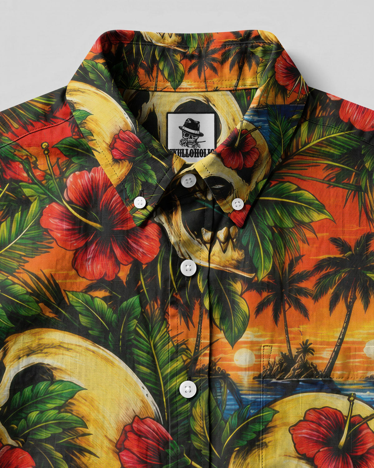 TROPICAL SKULL SUNSET BUTTON-DOWN COLLAR SHIRT  - TLTW2906265