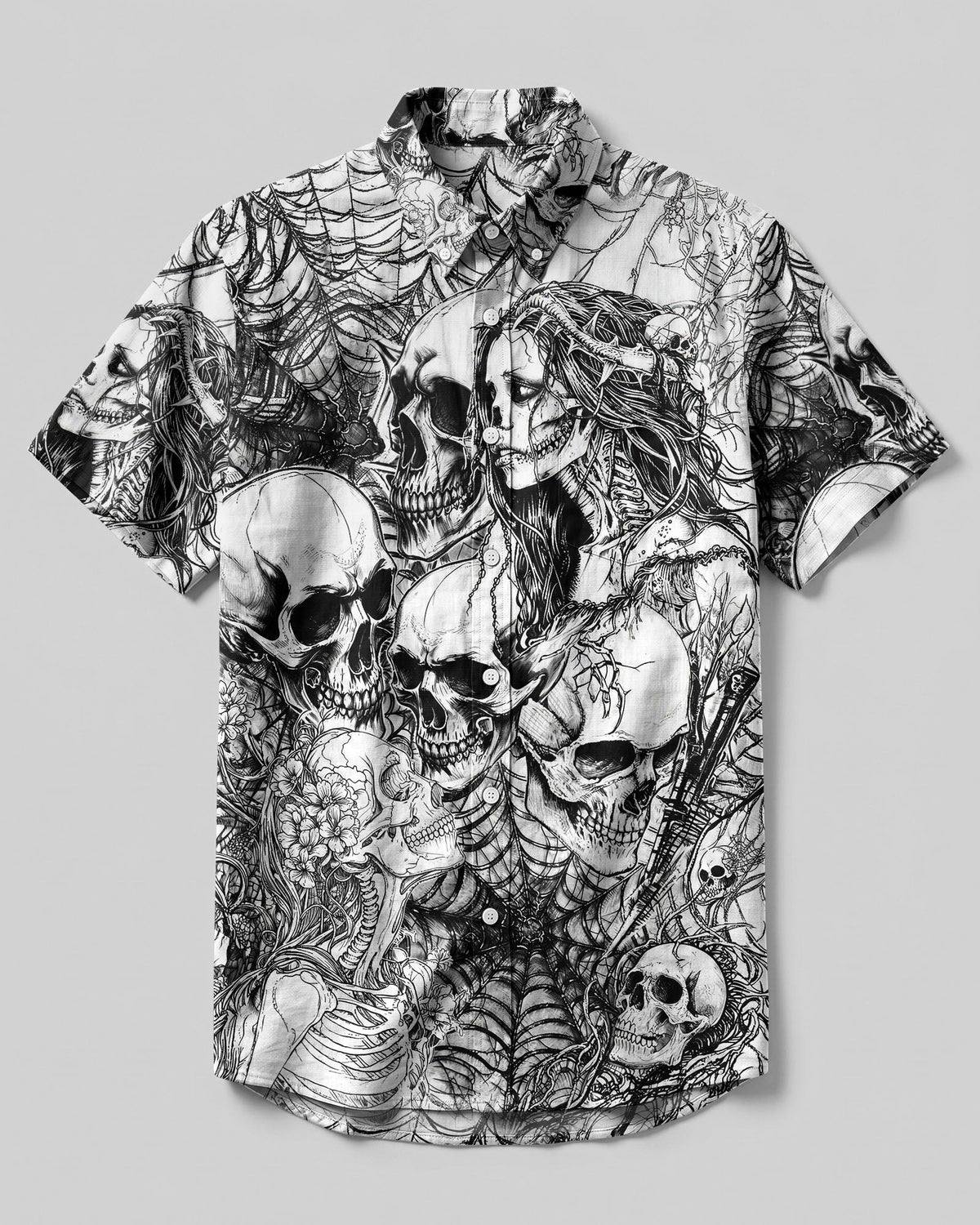 HORROR SKULLS AND SPECTRAL WOMAN BUTTON-DOWN COLLAR SHIRT - TLHG2906263