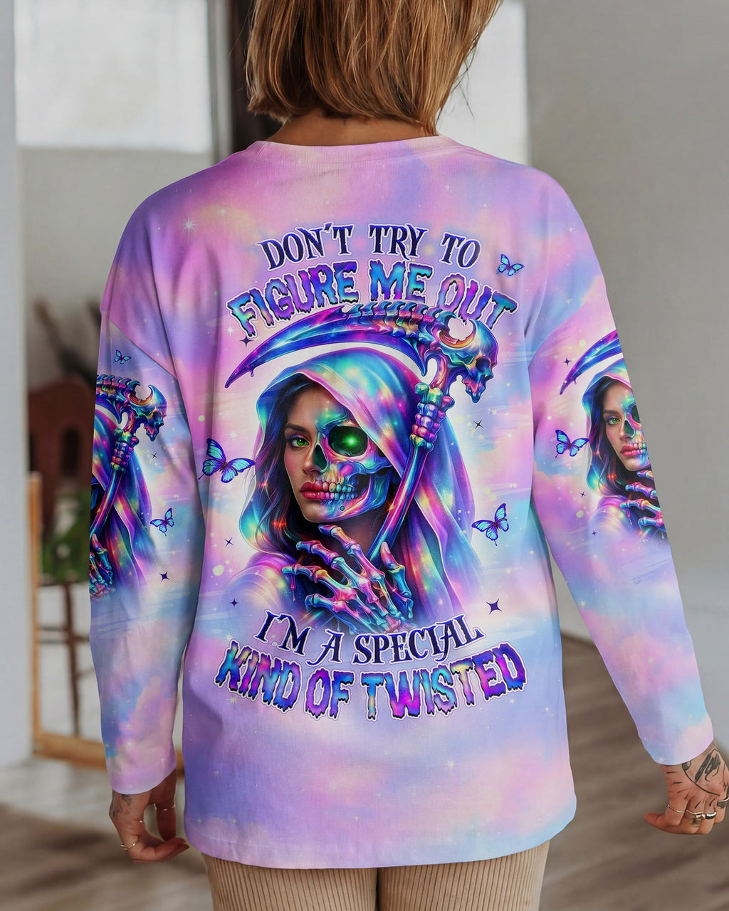 DON'T TRY TO FIGURE ME OUT SKULL LADY ALL OVER PRINT - TLHN0603262