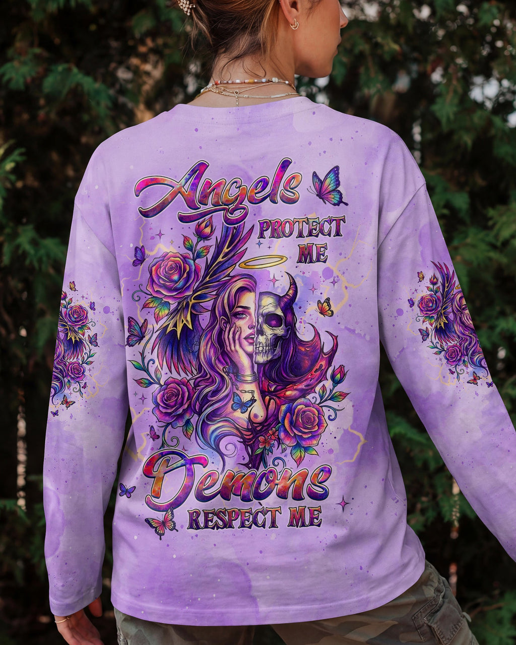 ANGELS PROTECT ME DEMONS RESPECT ME SKULL LADY ALL OVER PRINT - TLHG1704261