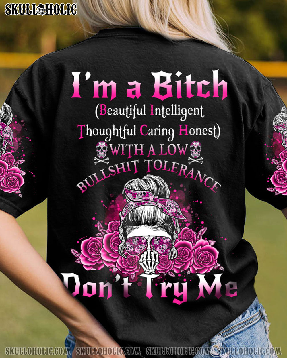 I'M A B DON'T TRY ME ROSE MESSY BUN BLACK ALL OVER PRINT - TLNO1104233