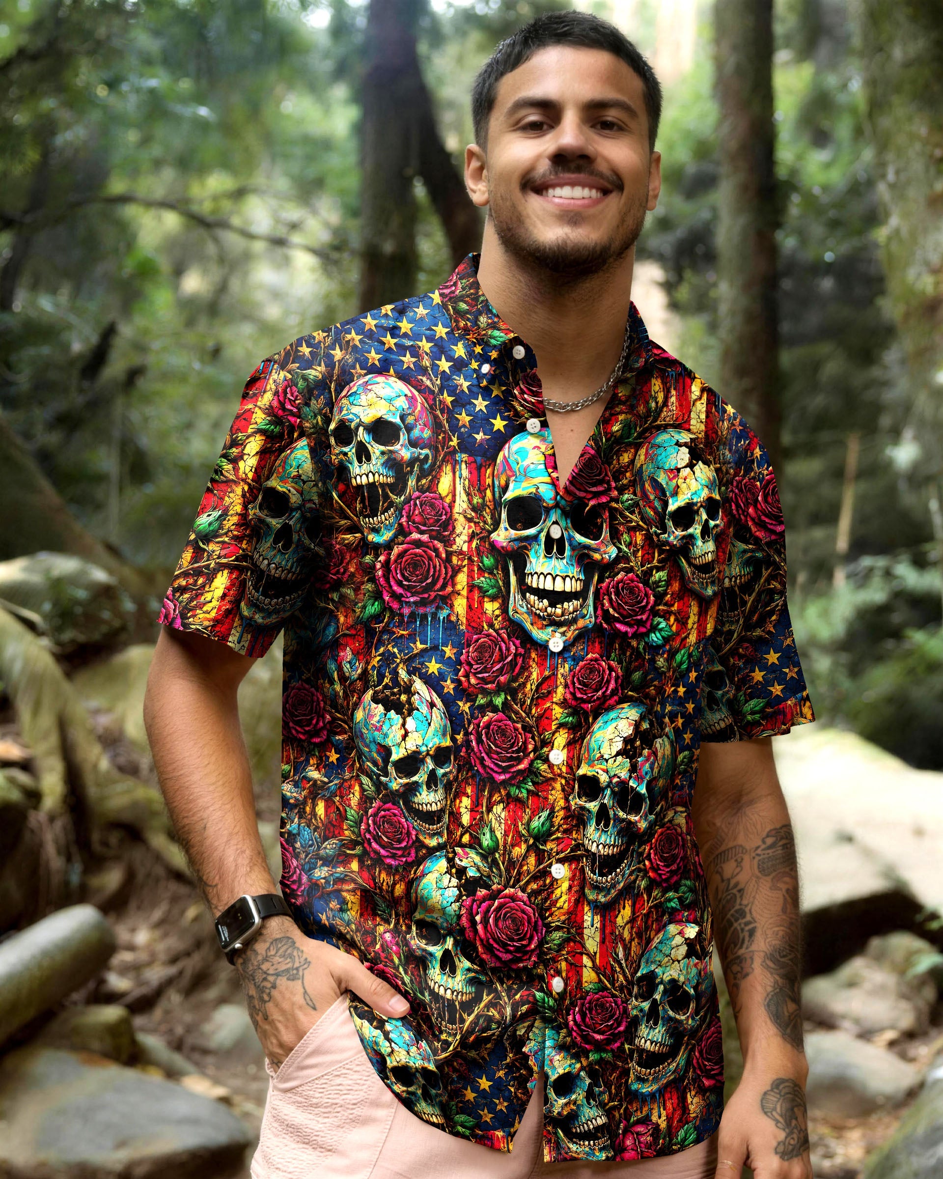 BROKEN SKULL ROSE VINTAGE STARS & STRIPES COLLAR SHIRT  - TLNT0306263