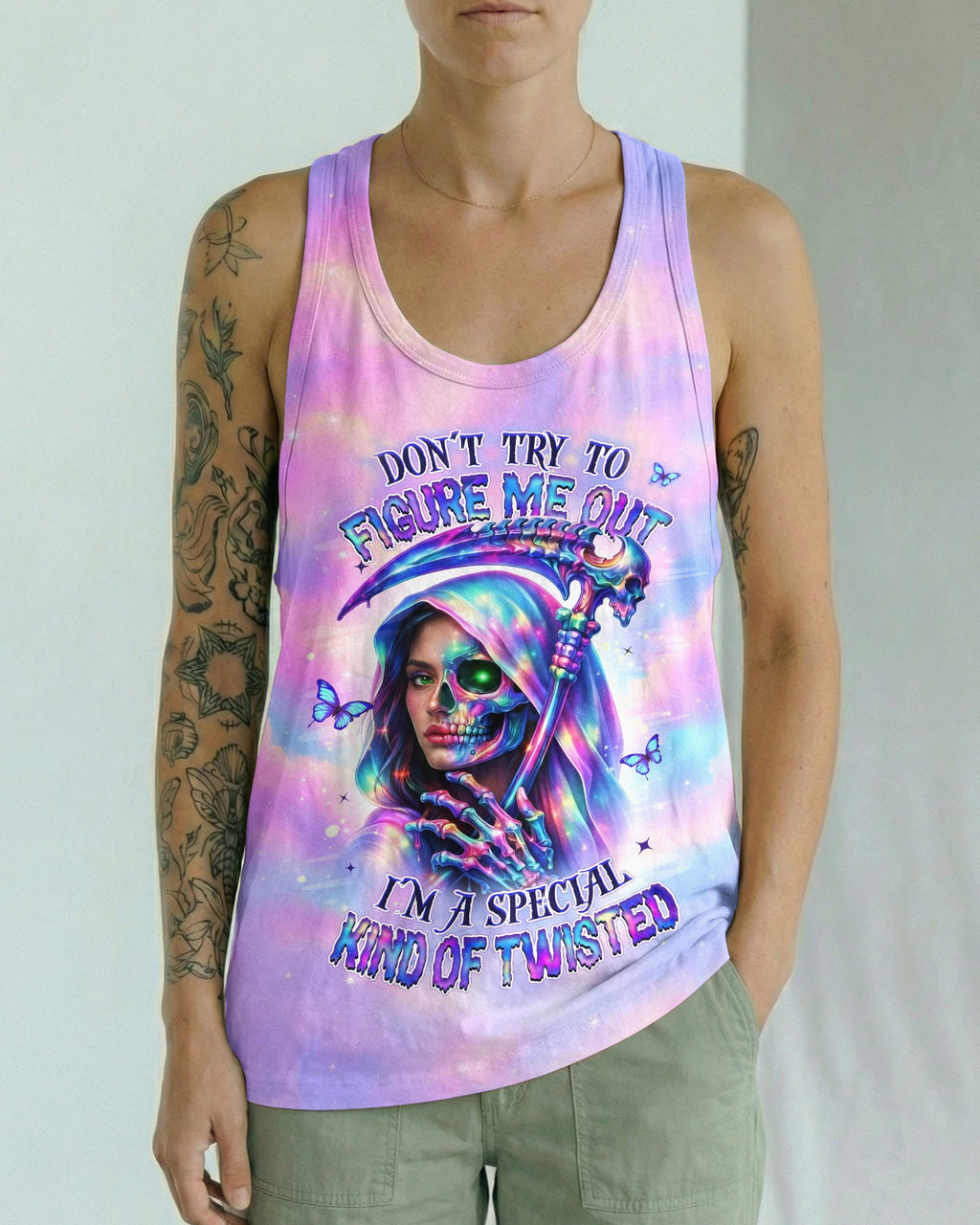 DON'T TRY TO FIGURE ME OUT SKULL LADY ALL OVER PRINT - TLHN0603262
