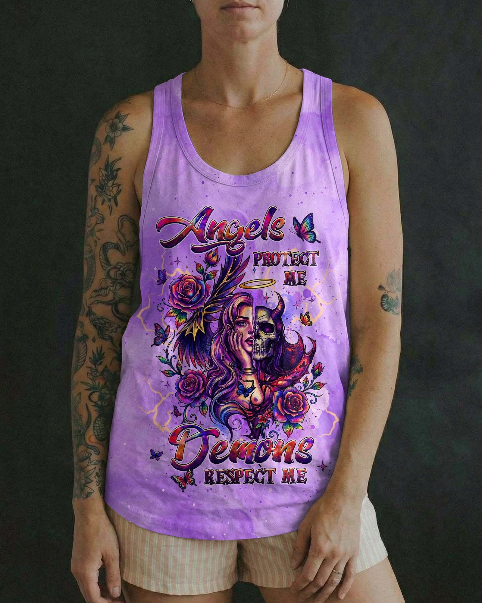 ANGELS PROTECT ME DEMONS RESPECT ME SKULL LADY ALL OVER PRINT - TLHG1704261