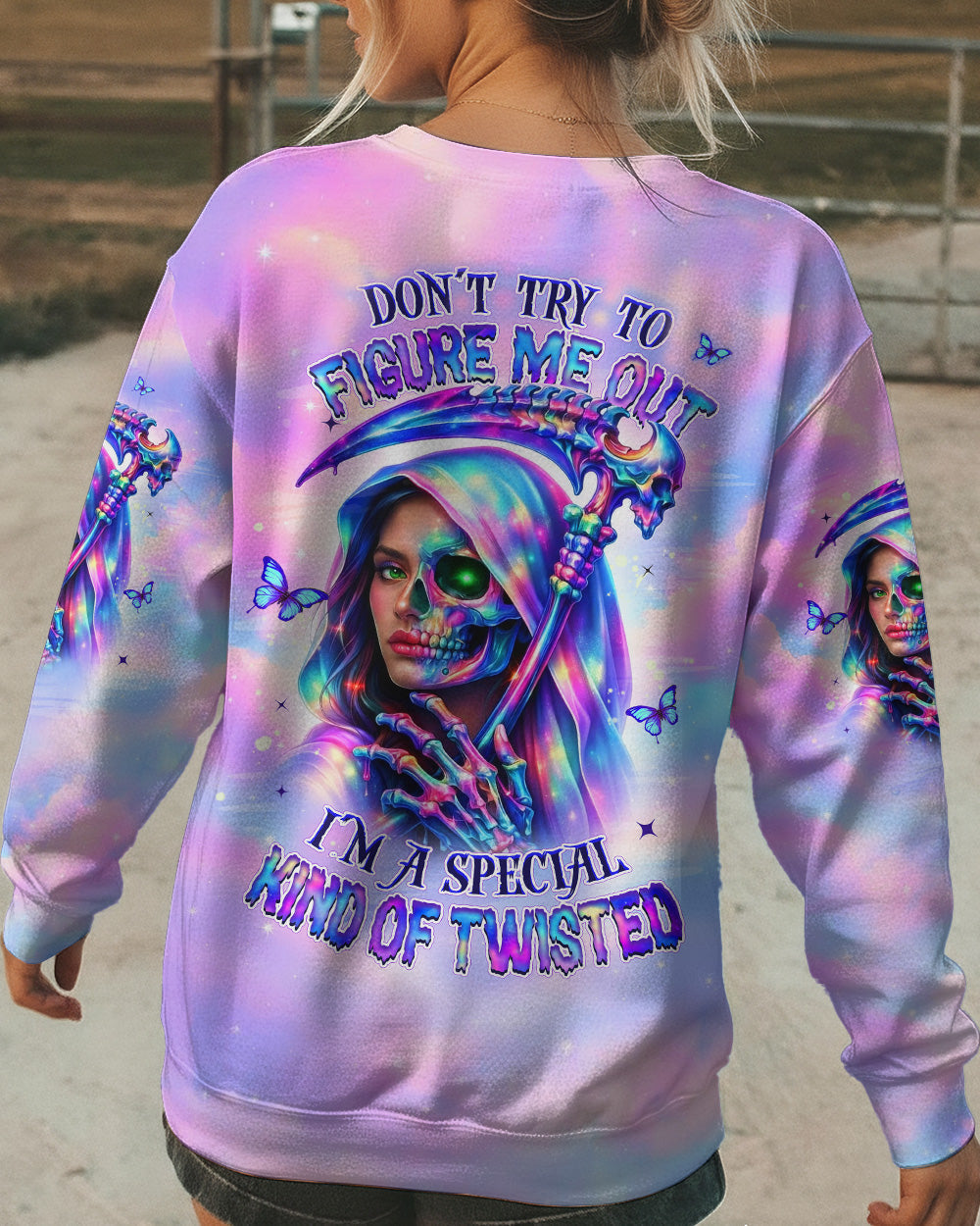 DON'T TRY TO FIGURE ME OUT SKULL LADY ALL OVER PRINT - TLHN0603262