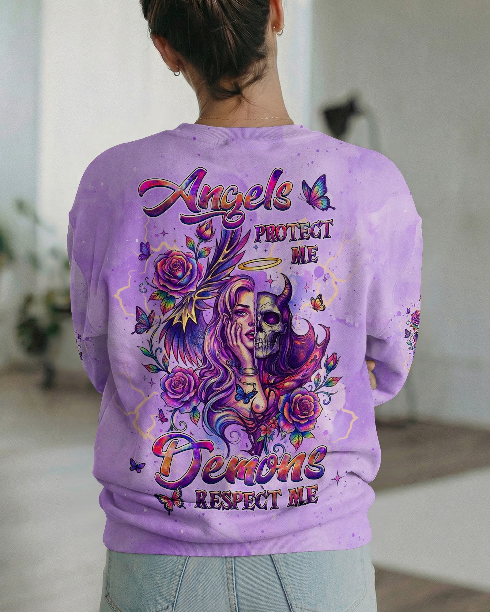 ANGELS PROTECT ME DEMONS RESPECT ME SKULL LADY ALL OVER PRINT - TLHG1704261