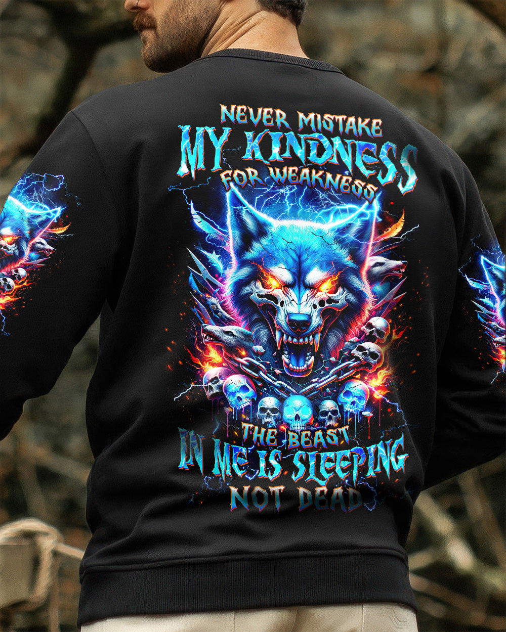 NEVER MISTAKE MY KINDNESS WOLF SKULL ALL OVER PRINT - TLTW1704263
