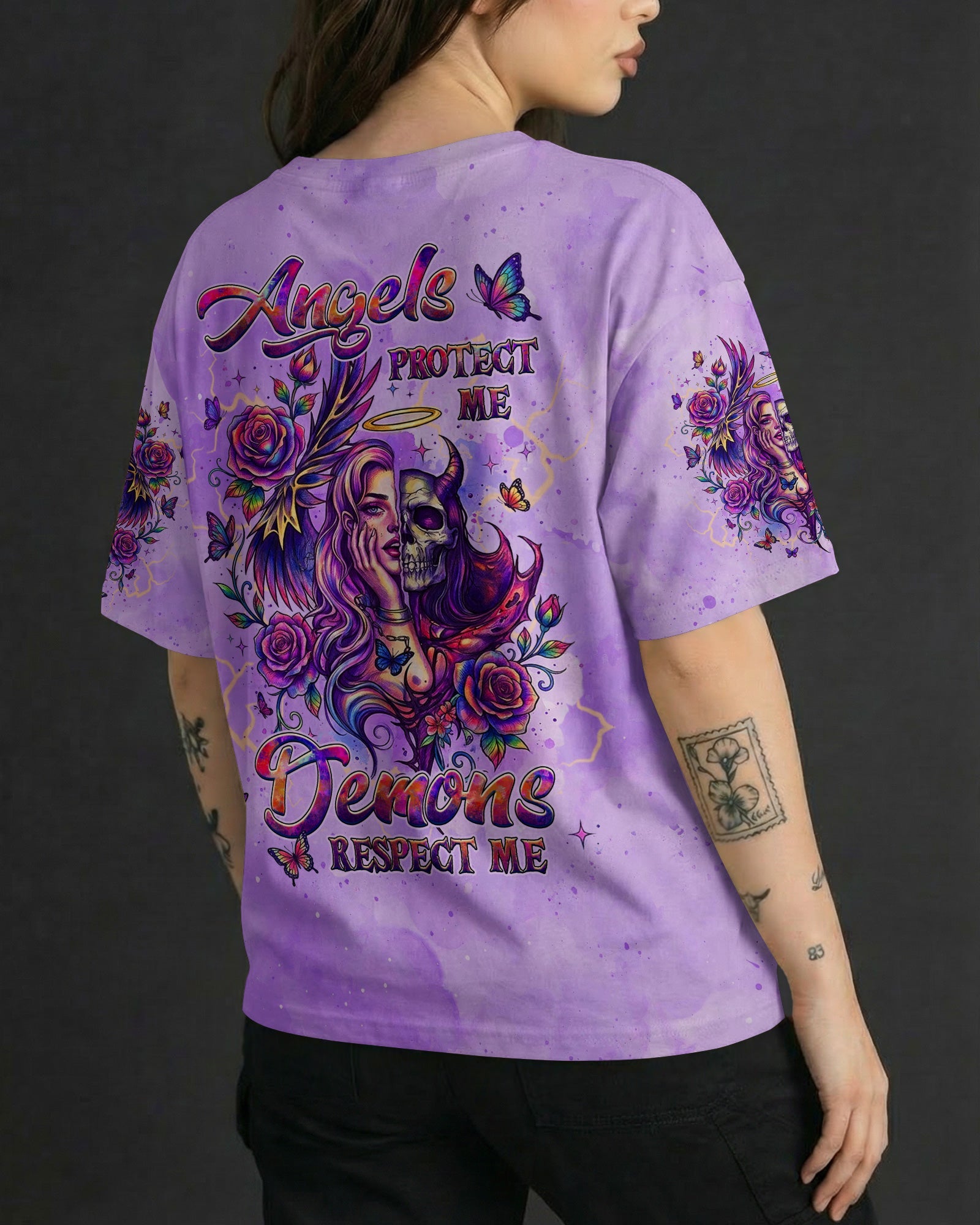 ANGELS PROTECT ME DEMONS RESPECT ME SKULL LADY ALL OVER PRINT - TLHG1704261