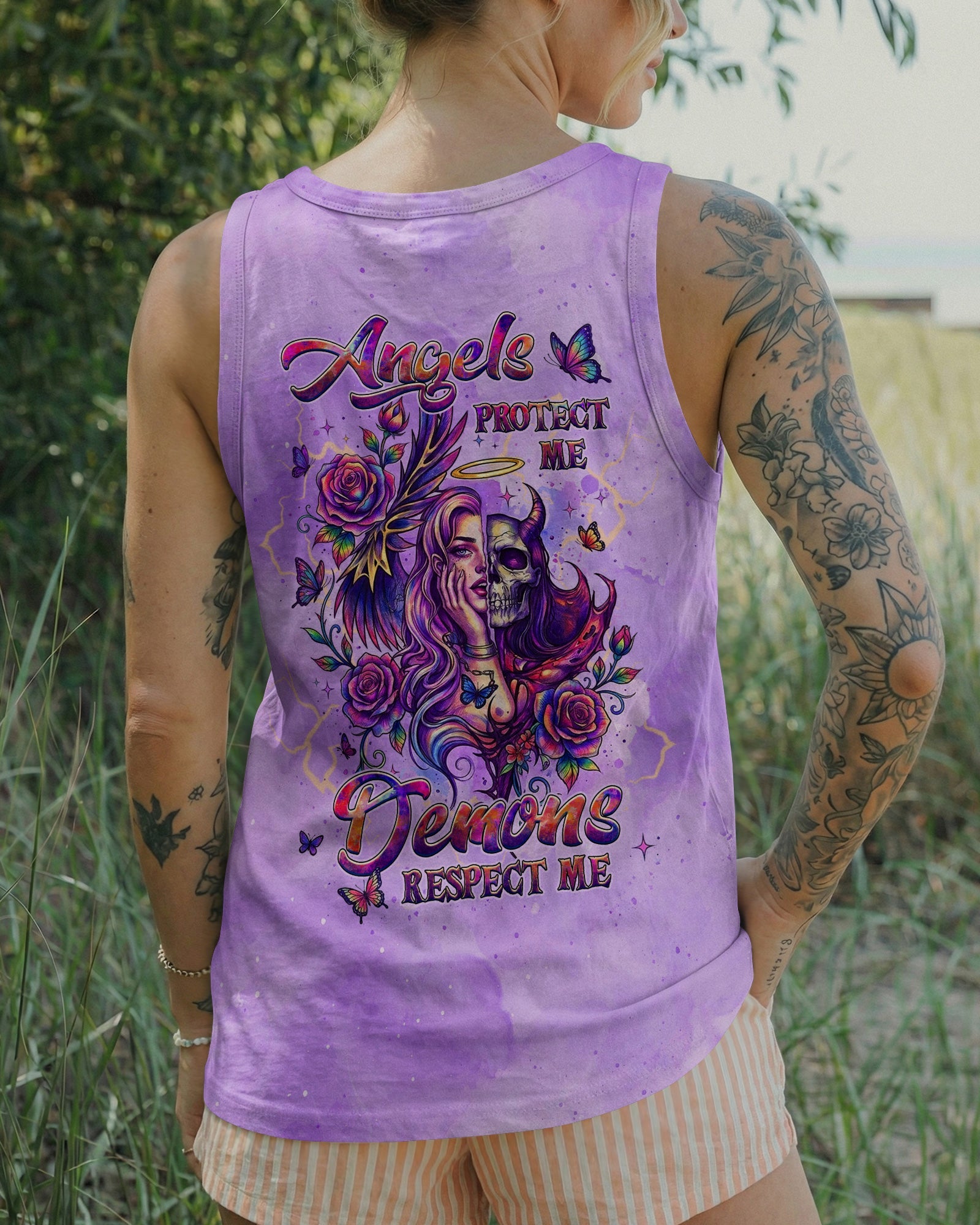 ANGELS PROTECT ME DEMONS RESPECT ME SKULL LADY ALL OVER PRINT - TLHG1704261