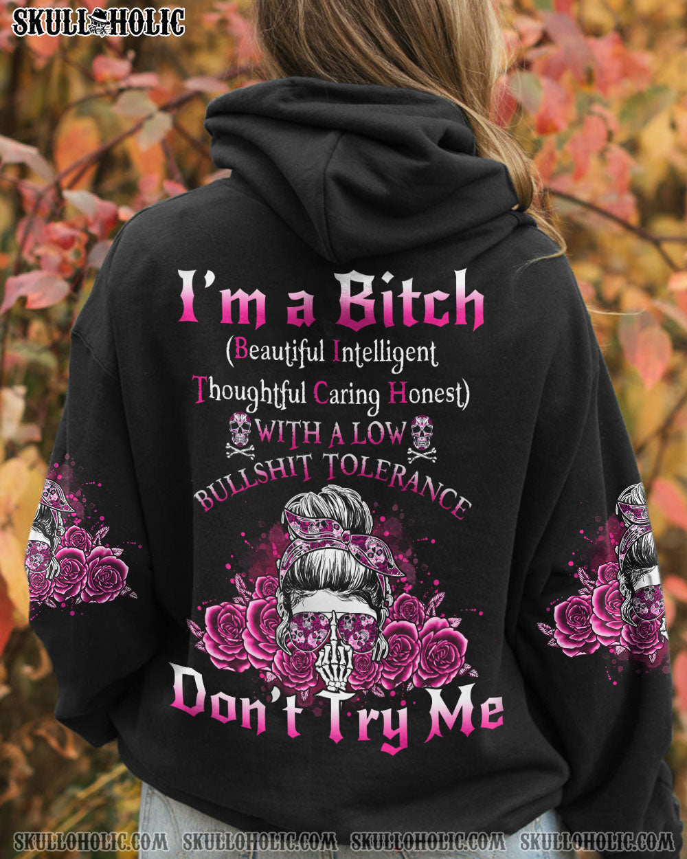 I'M A B DON'T TRY ME ROSE MESSY BUN BLACK ALL OVER PRINT - TLNO1104233