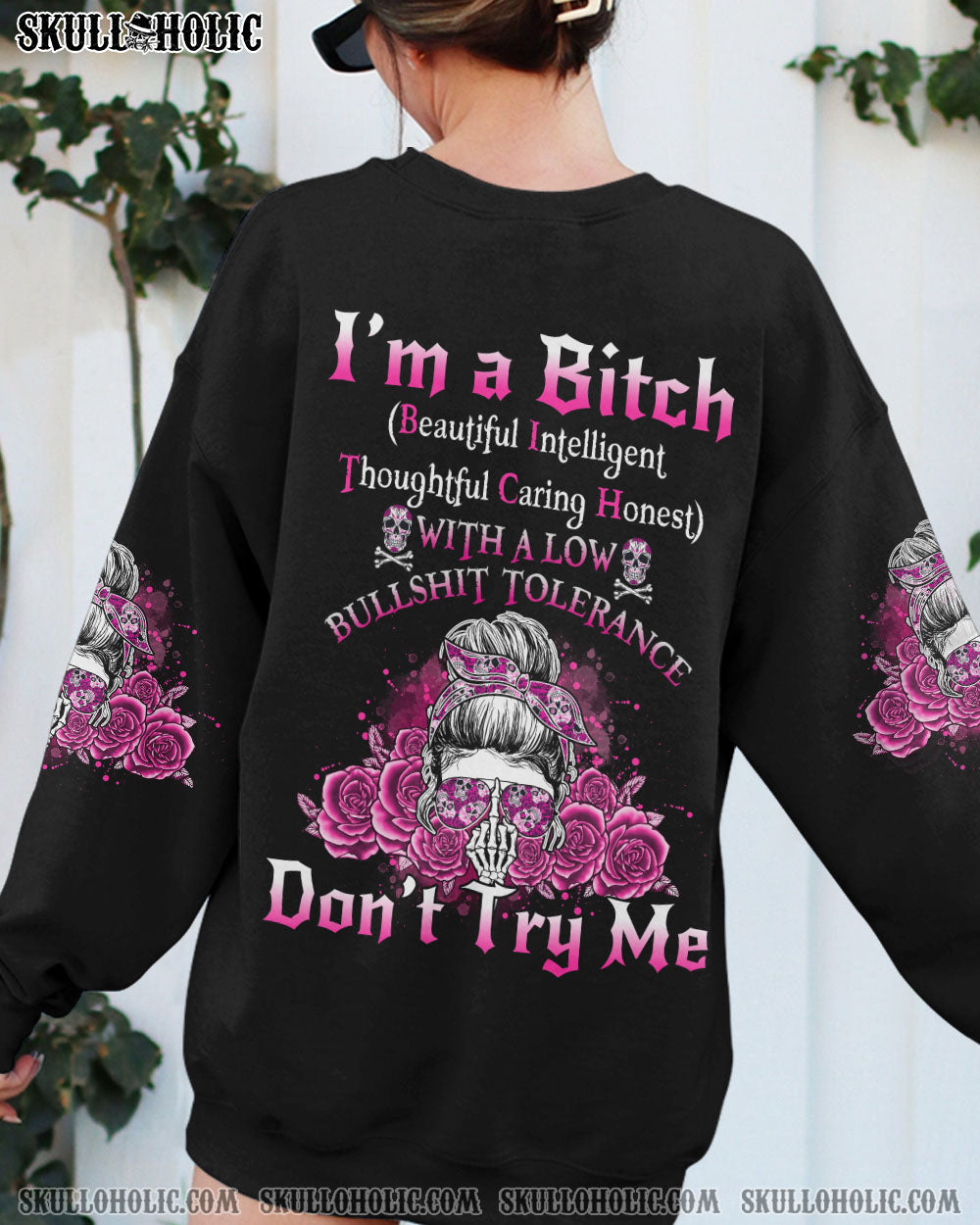 I'M A B DON'T TRY ME ROSE MESSY BUN BLACK ALL OVER PRINT - TLNO1104233