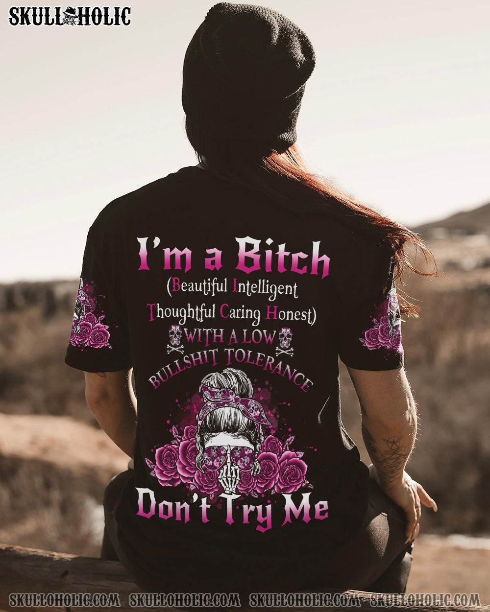 I'M A B DON'T TRY ME ROSE MESSY BUN BLACK ALL OVER PRINT - TLNO1104233