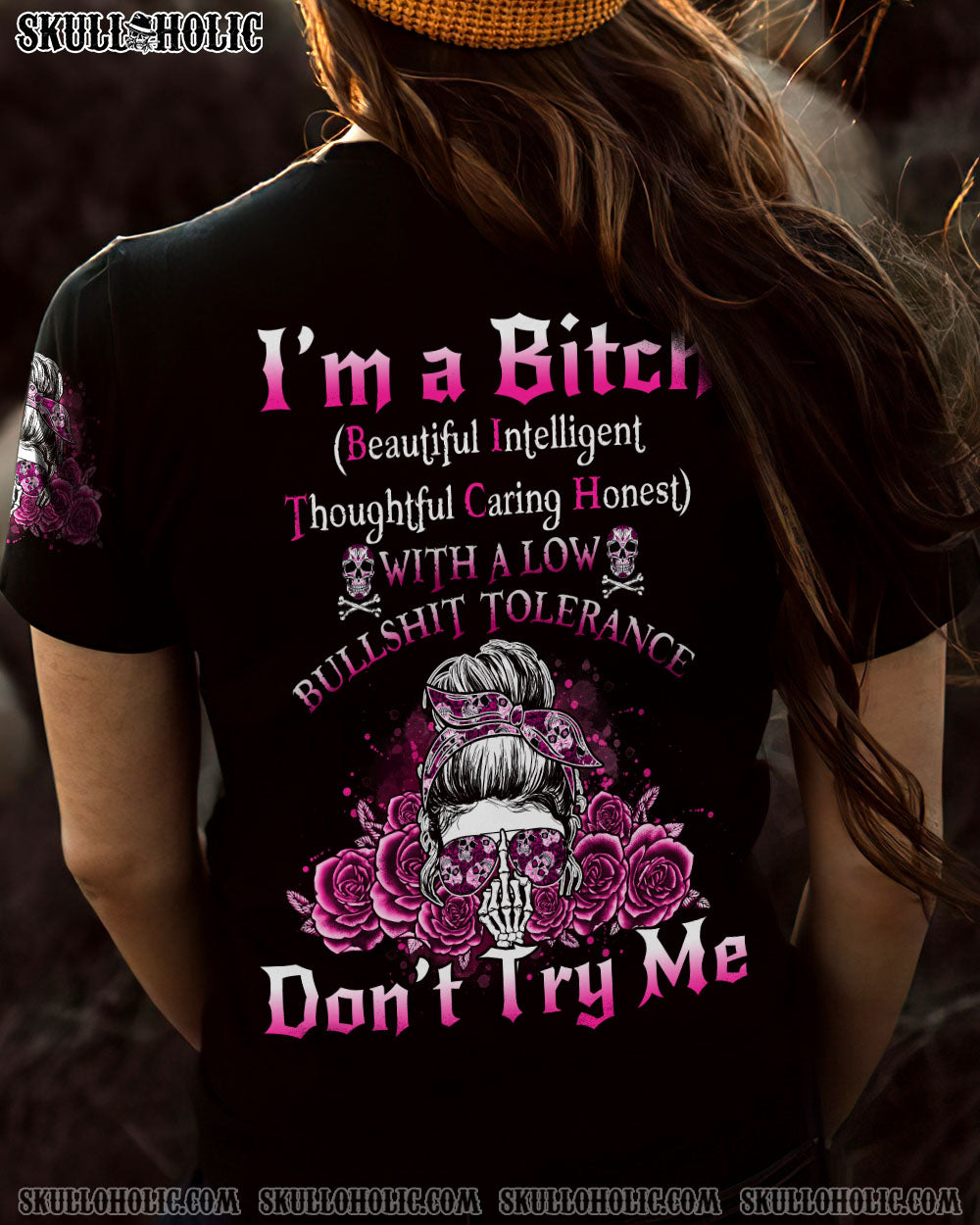 I'M A B DON'T TRY ME ROSE MESSY BUN BLACK ALL OVER PRINT - TLNO1104233