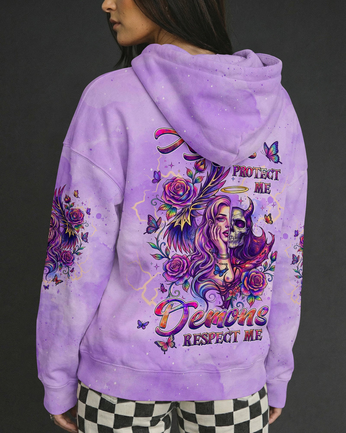ANGELS PROTECT ME DEMONS RESPECT ME SKULL LADY ALL OVER PRINT - TLHG1704261