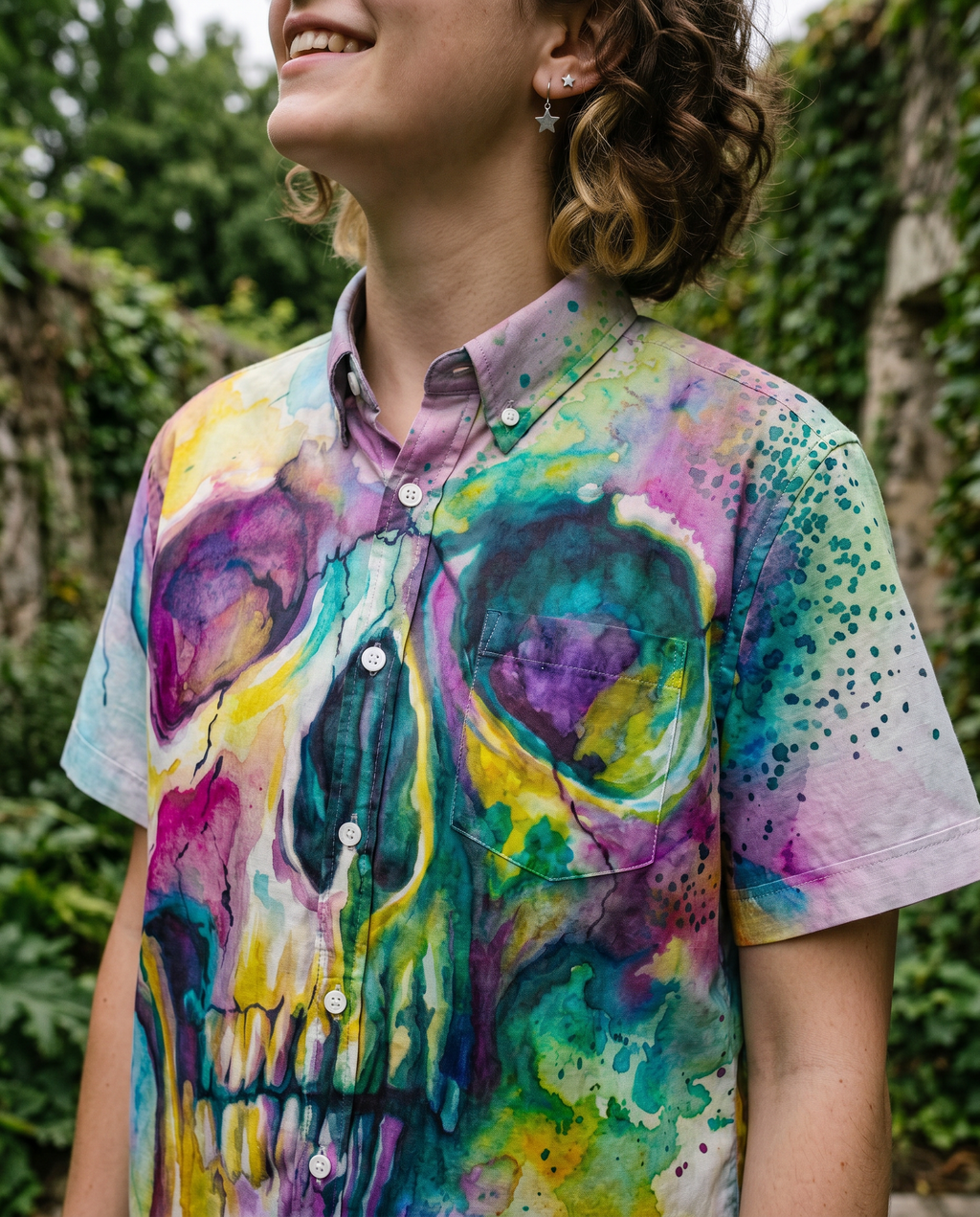WATERCOLOR PHANTOM SKULL COLLAR SHIRT - RI0106264