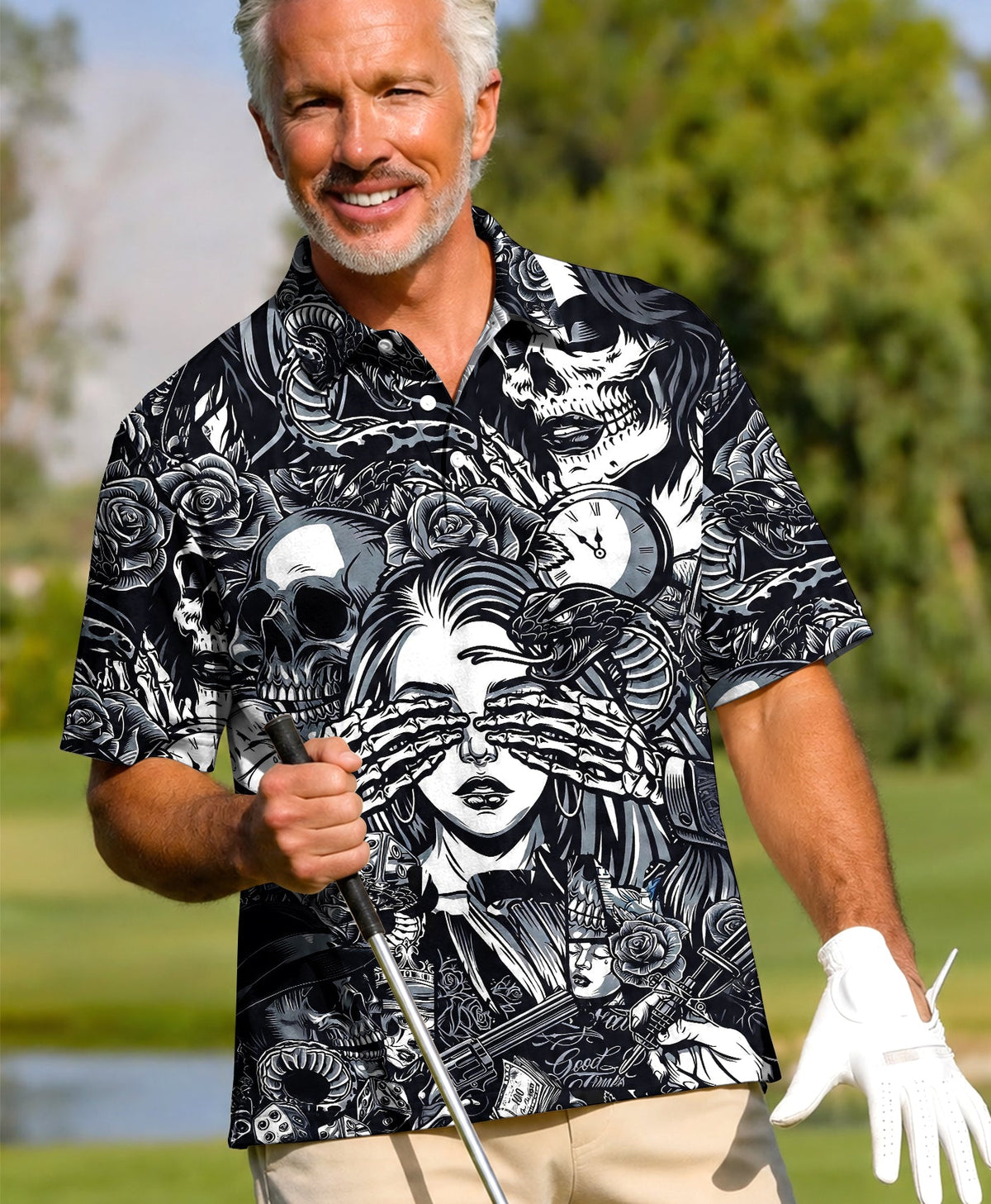 WHISPERS OF DARKNESS SUGAR SKULL TATTOOED POLO SHIRT - TLHG0406261
