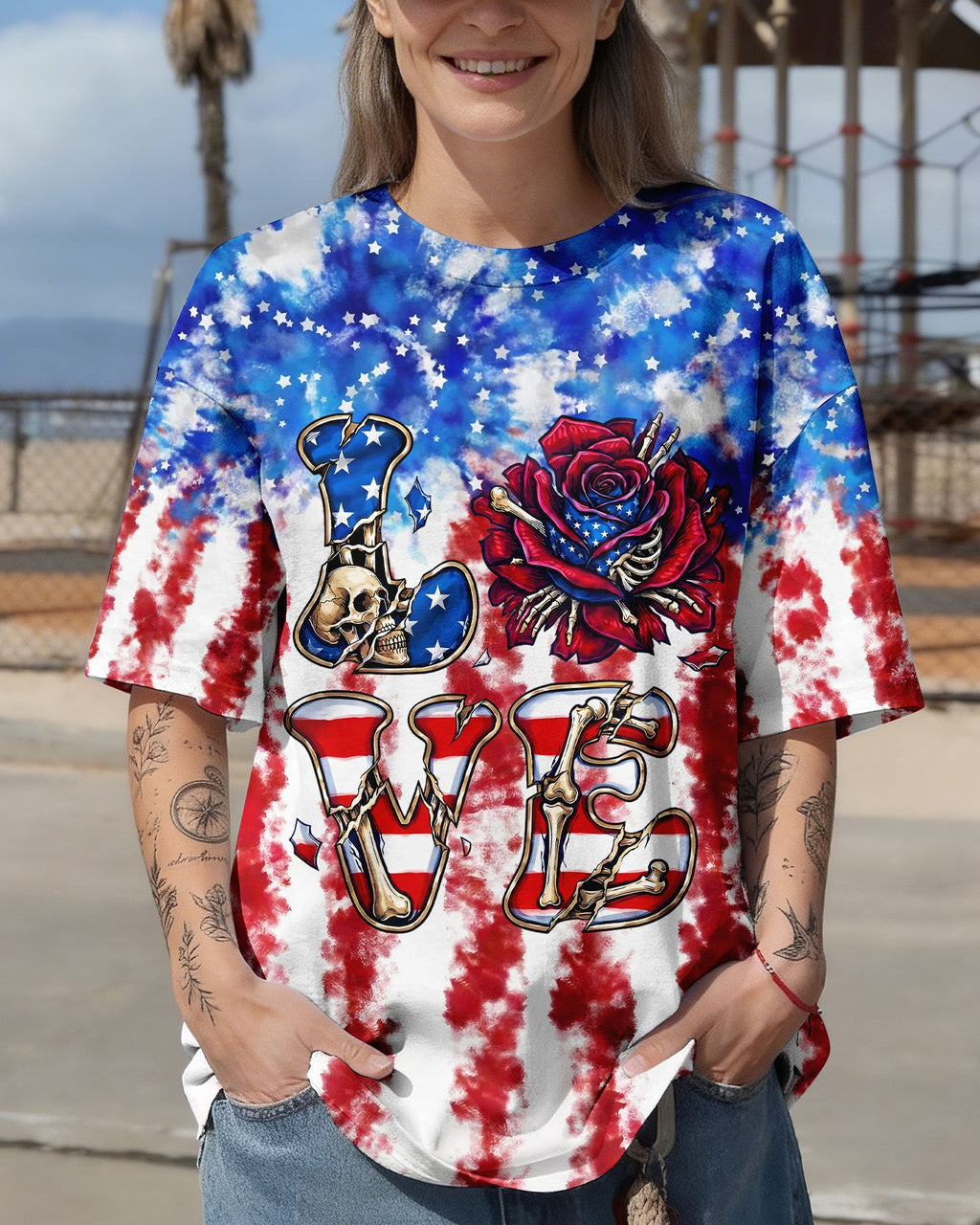 LOVE SKULL RED WHITE AND BLUE ALL OVER PRINT - TYLN2004261