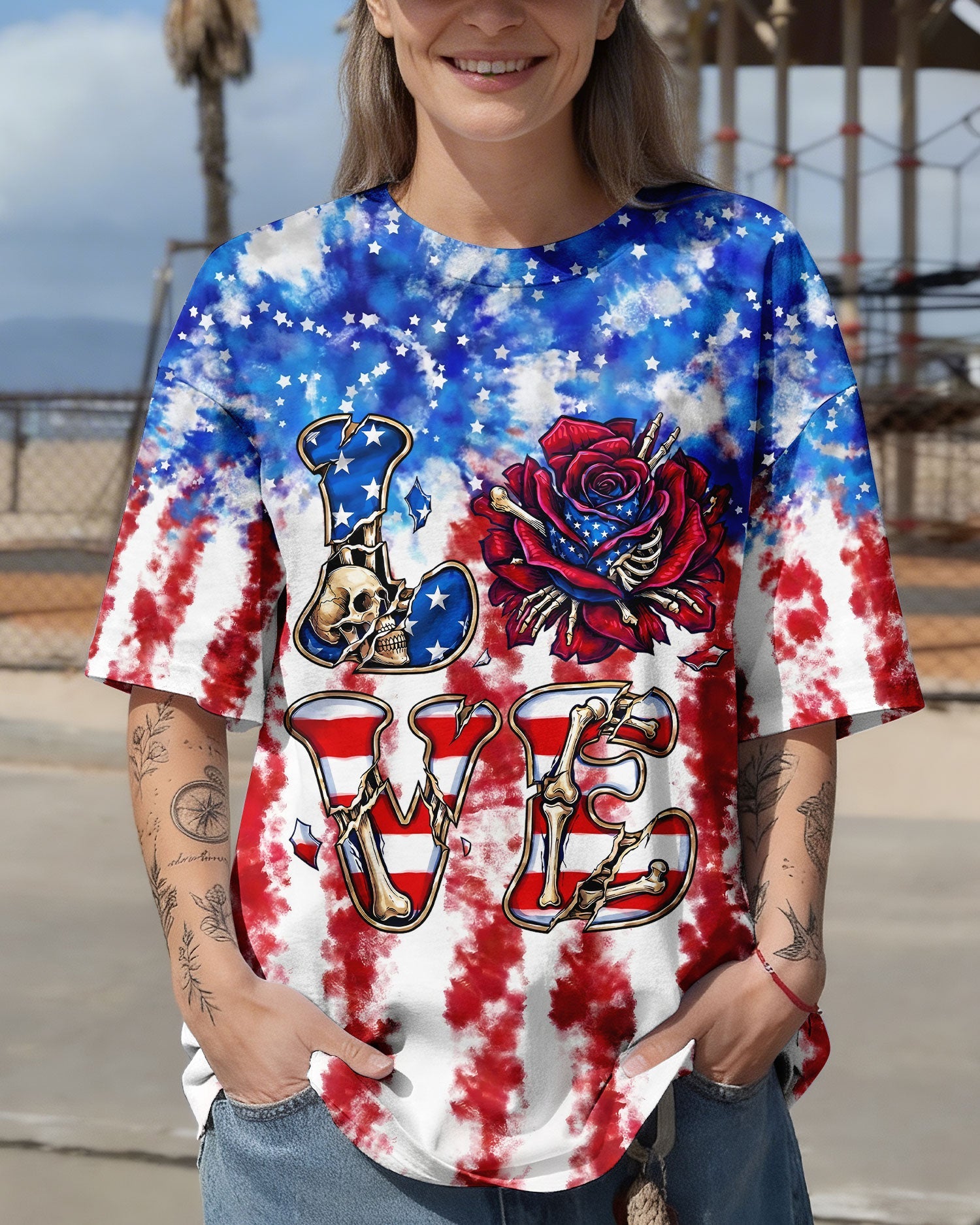 LOVE SKULL RED WHITE AND BLUE ALL OVER PRINT - TYLN2004261