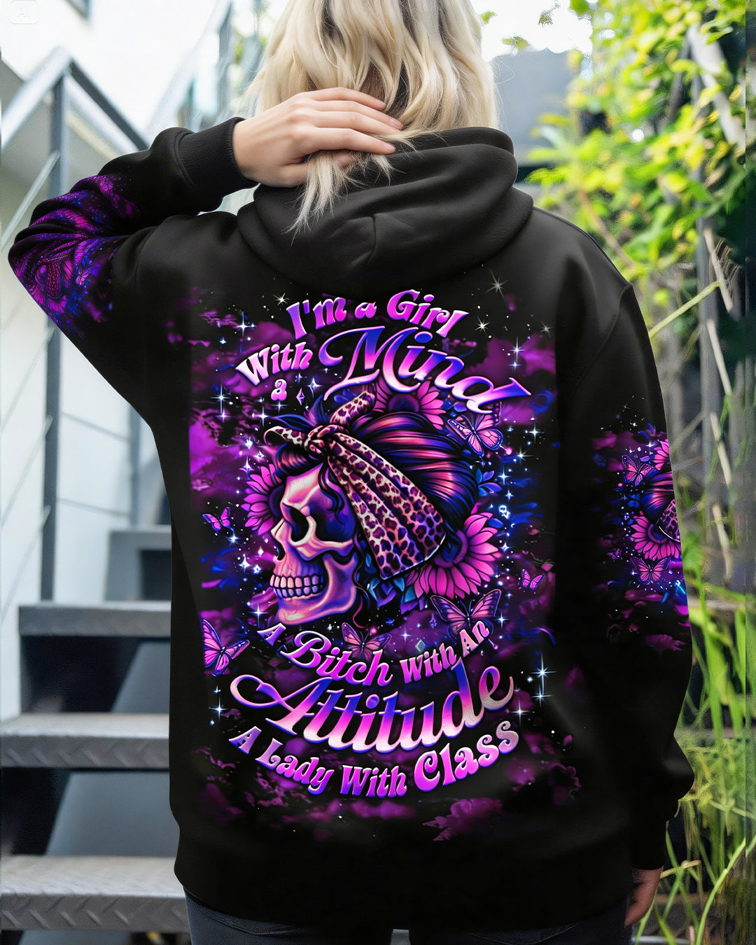 I'M A GIRL WITH A MIND SKULL MESSY BUN ALL OVER PRINT  - TLHG0904262