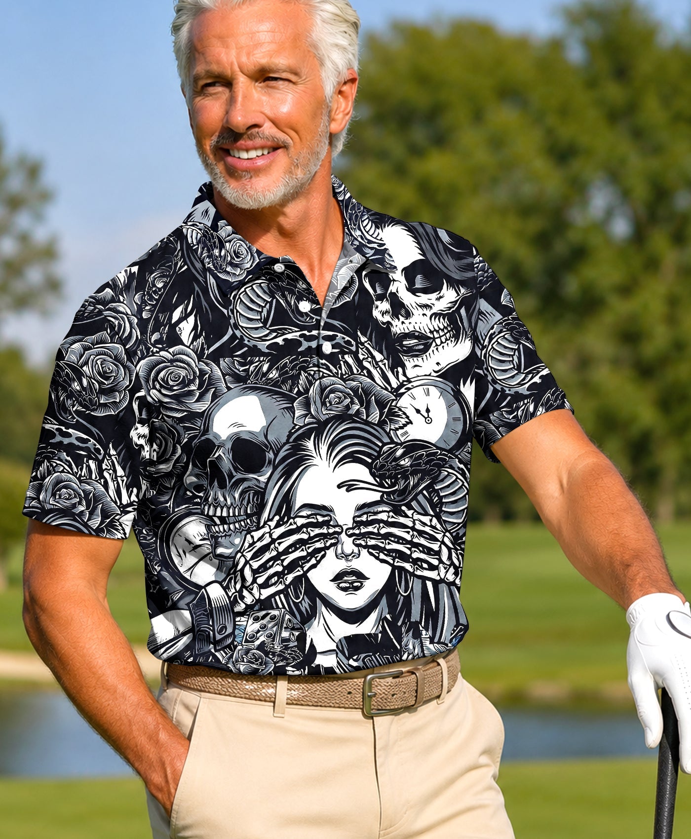 WHISPERS OF DARKNESS SUGAR SKULL TATTOOED POLO SHIRT - TLHG0406261