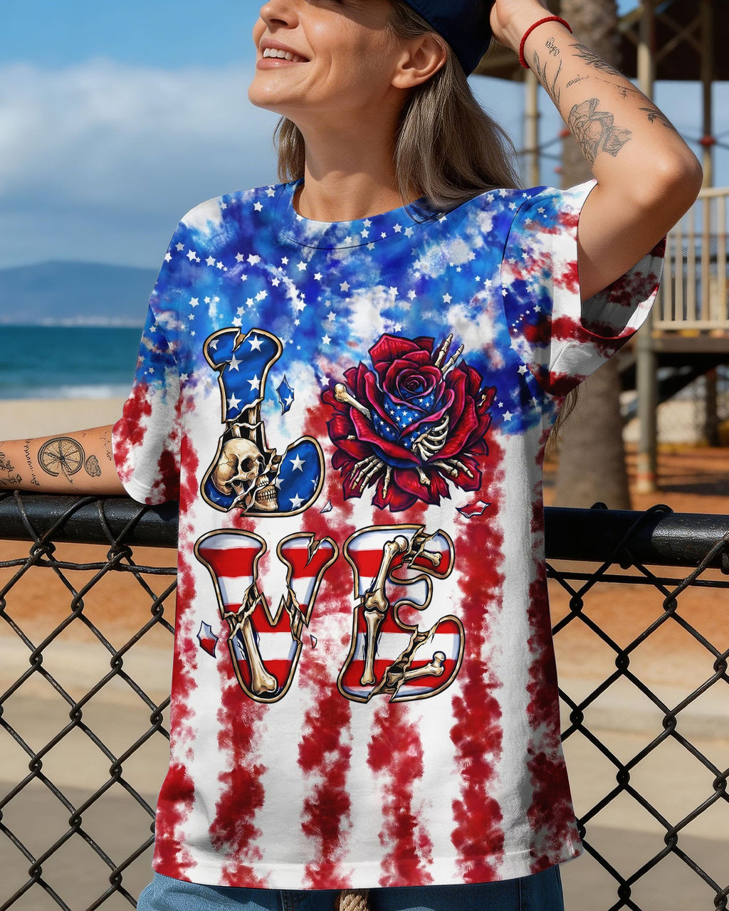 LOVE SKULL RED WHITE AND BLUE ALL OVER PRINT - TYLN2004261