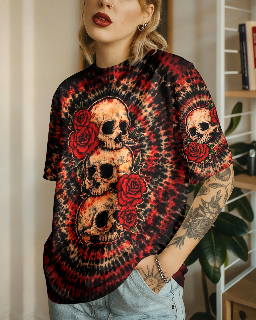 VINTAGE THREE ROSE SKULL SWIRL ALL OVER PRINT - TLHG0303261