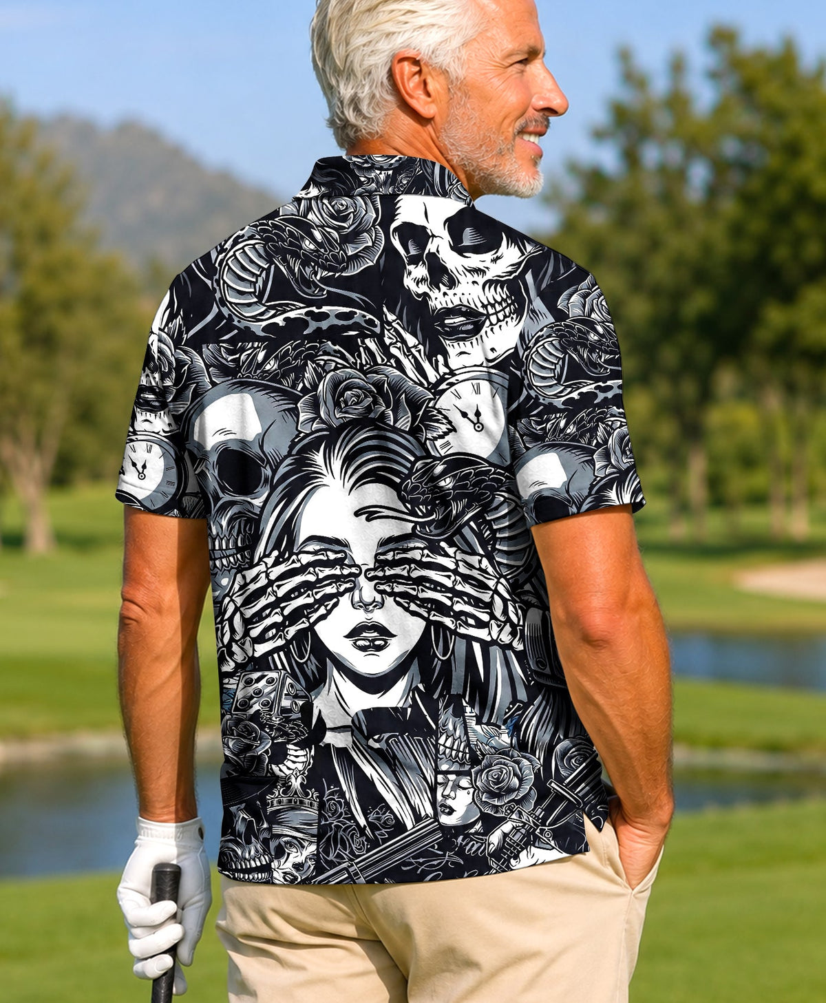 WHISPERS OF DARKNESS SUGAR SKULL TATTOOED POLO SHIRT - TLHG0406261