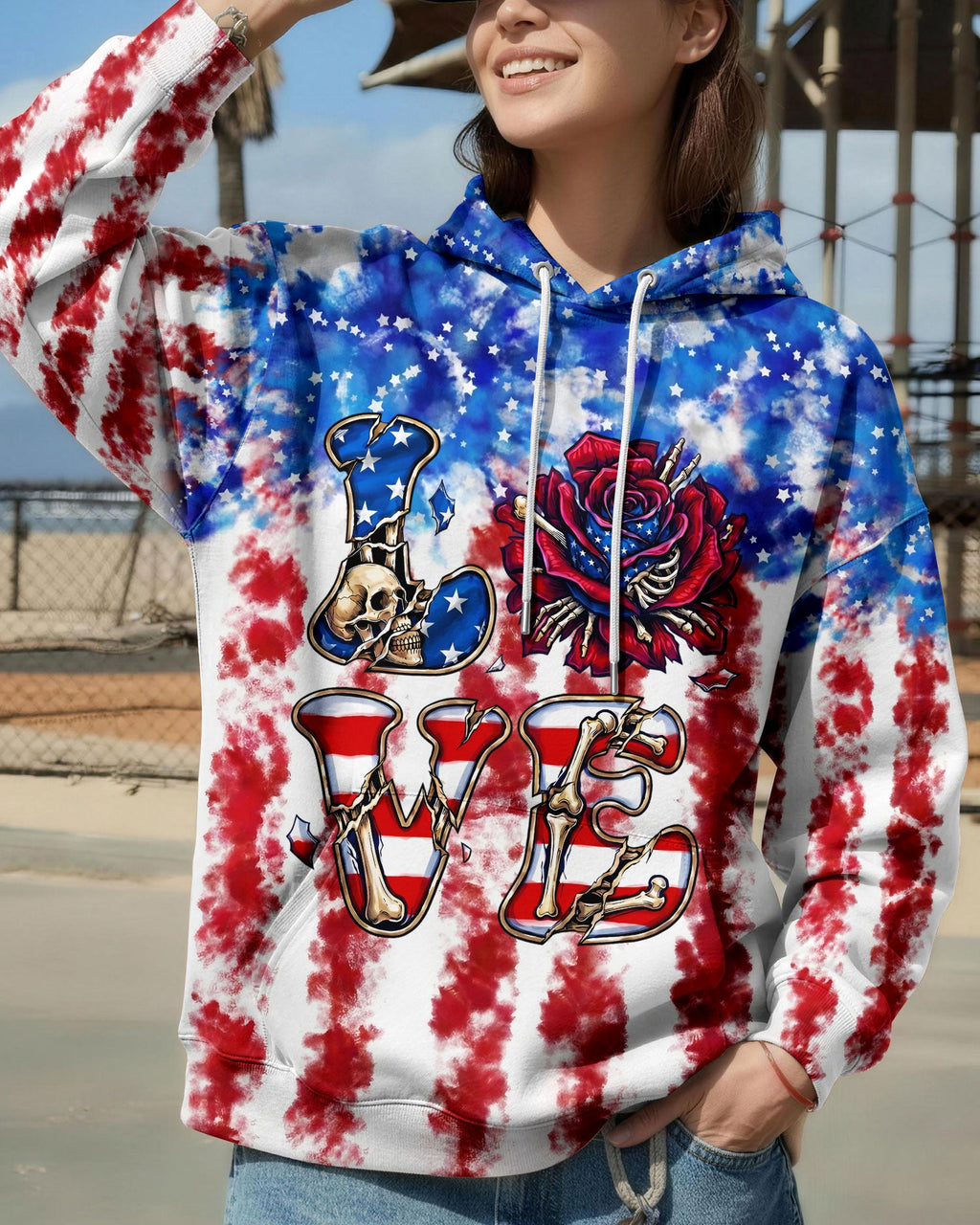 LOVE SKULL RED WHITE AND BLUE ALL OVER PRINT - TYLN2004261