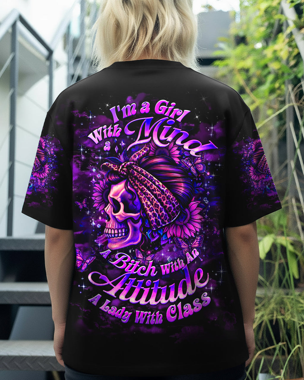 I'M A GIRL WITH A MIND SKULL MESSY BUN ALL OVER PRINT  - TLHG0904262