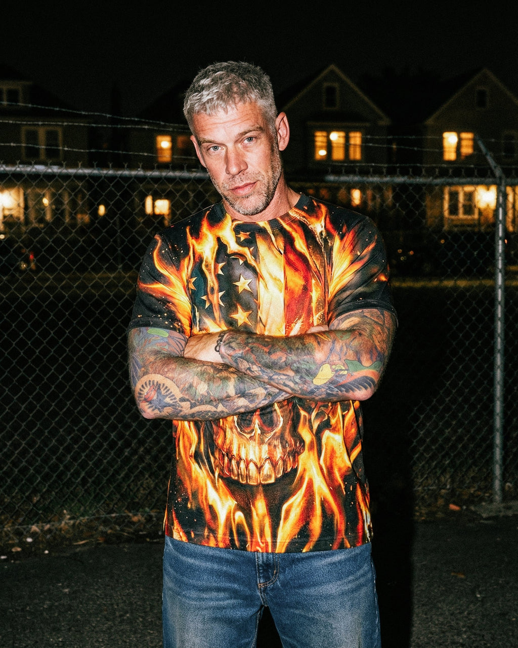 PATRIOTIC FLAMING SKULL ALL OVER PRINT - RI2503261
