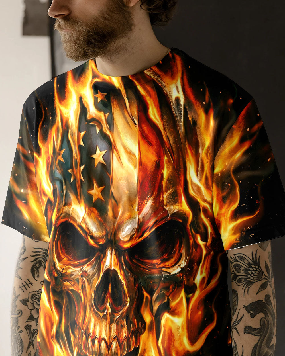 PATRIOTIC FLAMING SKULL ALL OVER PRINT - RI2503261
