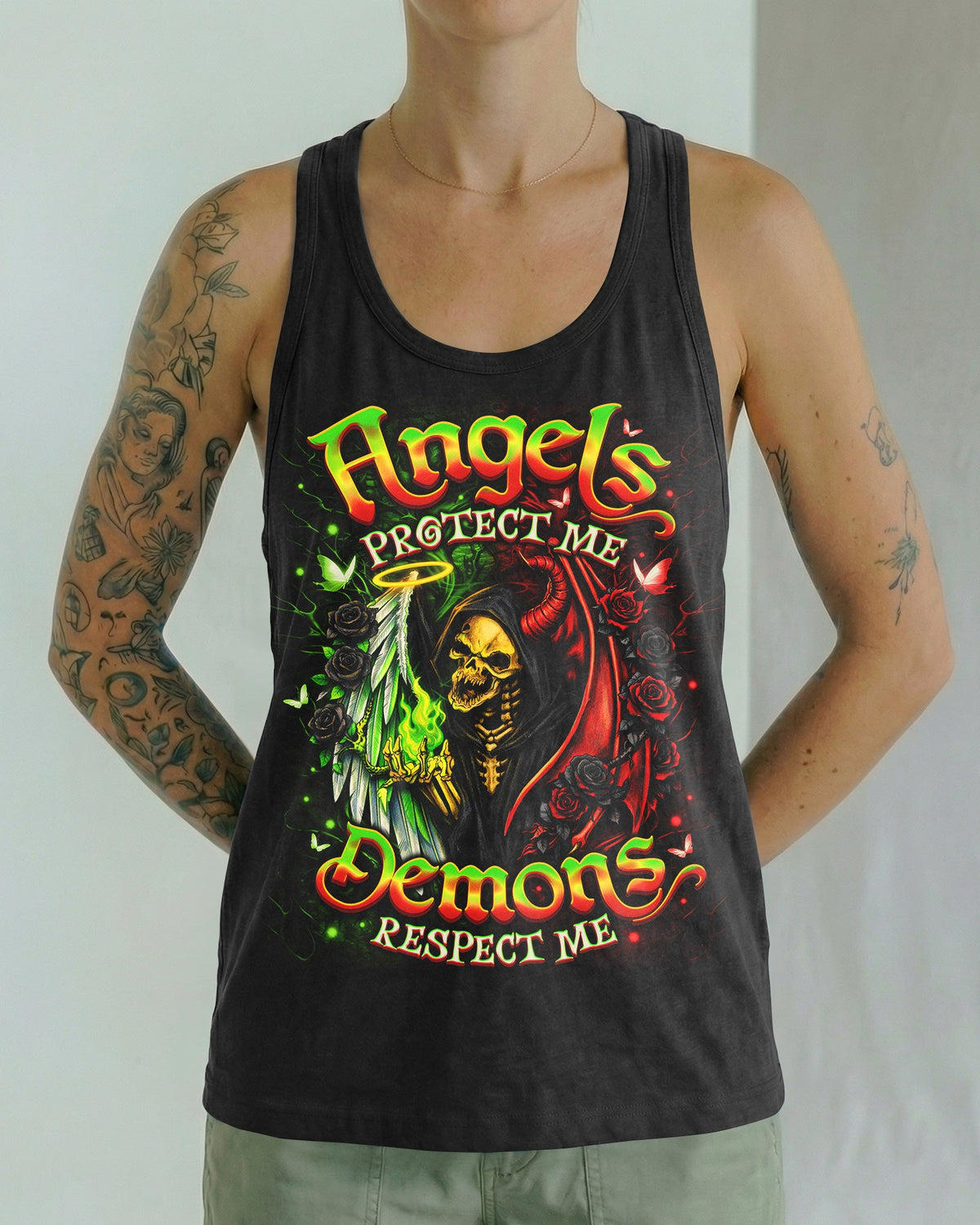 ANGELS PROTECT ME DEMONS RESPECT ME SKULL ALL OVER PRINT  - TLNO2703262
