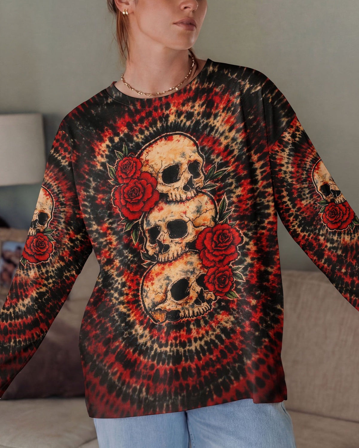 VINTAGE THREE ROSE SKULL SWIRL ALL OVER PRINT - TLHG0303261
