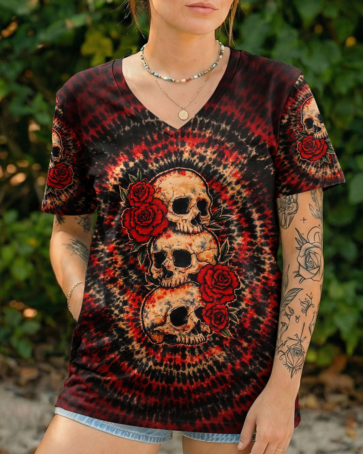 VINTAGE THREE ROSE SKULL SWIRL ALL OVER PRINT - TLHG0303261