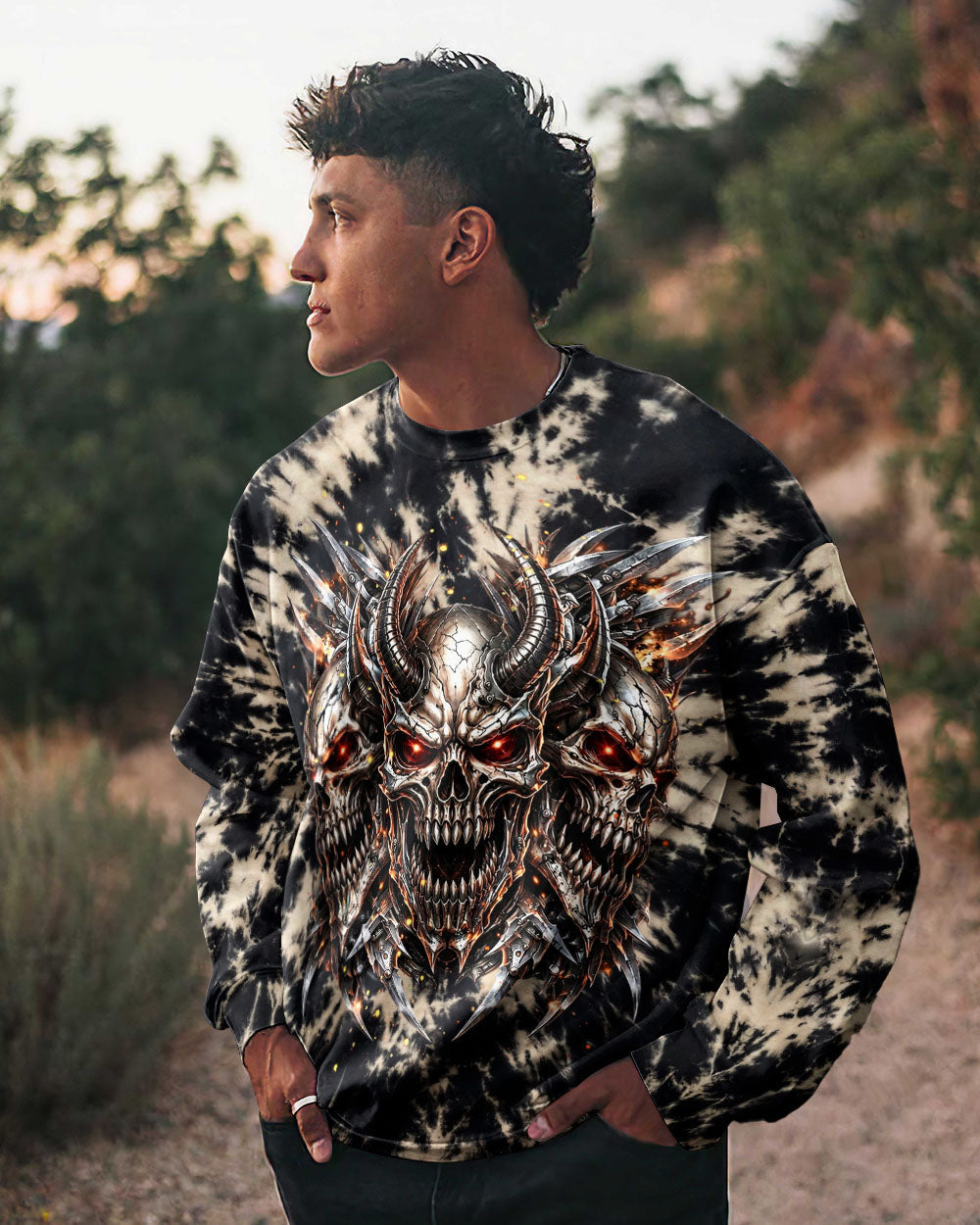 THREE  DEMON SKULLS SWIRL ALL OVER PRINT  - TLHN0104263