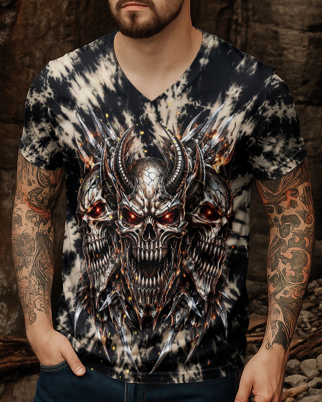 THREE  DEMON SKULLS SWIRL ALL OVER PRINT  - TLHN0104263
